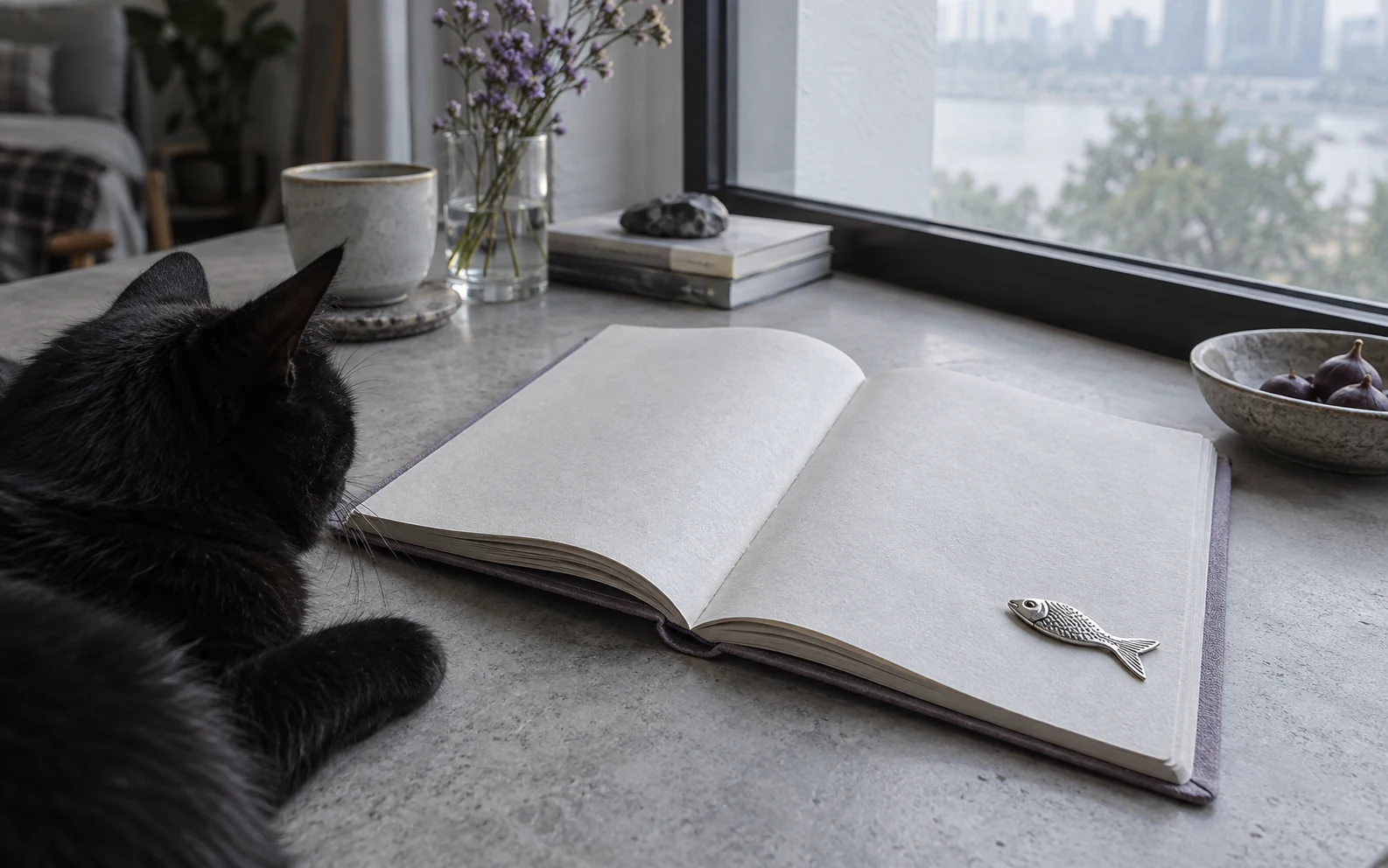 自然窗光下，黑猫伏在空白笔记本旁，纸页上放着银色小鱼书签